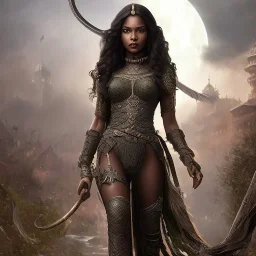 fantasy setting, insanely detailed, dark-skinned woman, indian, black wavy hair, warrior, green curl of hair