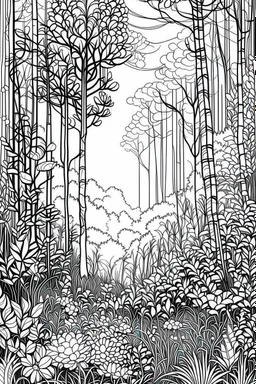 background sketch style use only outline Misty forest with ferns and wildflowers, bathed in early morning light, coloring page for adults, contour, vector, clean line art, white background, detailed, black and white, in the style of kalamkari design