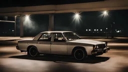 car parked in an empty parking lot at night, the windows are steam up