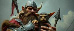 pin hole camera picture, master oil painting by Rembrandt, fantasy orc soldier holding and petting a big ugly vampire cat gremlin, goa trance poster, he has little fluffy creatures on his shoulders