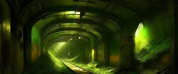Inside the old subway tracks, . Low light and closed green moss walls. Like the original design of the game space ,digital art.landscape,far camera old painting,2 Chen and George Hopper, Rembrandt lighting, a dark green and yellow color scheme, ethereal light. --ar 13:16 --v 6. 0