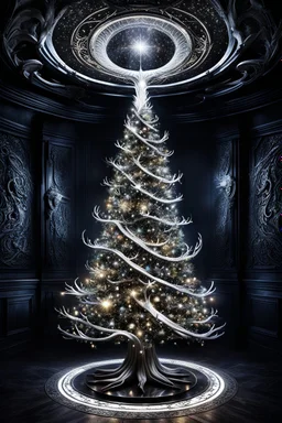 a beautiful illuminated silver and white light Christmas tree stands in a dark room, dark furniture outline visible, few glimmering lights, the ceiling opens and a swirling, terrifying vortex inside claws, stars, planets, demonic eyes, scary, dark atmosphere, deep colors, small details , surreal, thriller, nightmare, masterpiace