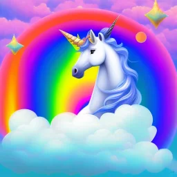 Unicorn resting on a rainbow in the clouds