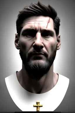 Ultra Realistic image, Roman sculpture bust, clean white marble material, Lionel Messi, gold crown of thorns, renaissance ornaments, one gold star, gradient background, cinematic lighting, god light, 4k resolution, smooth details, ornate details, soft lighting, unreal engine 5, art station, substance 3d.