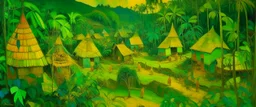 A lime green village made out of honey hives in a forest painted by Paul Gauguin