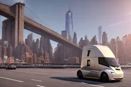 A Tesla 'Semi' (semi truck) is parked, near the 'Pier 11' in Manhattan. (CINEMATIC, WIDE ANGLE LENS, PHOTO REAL)