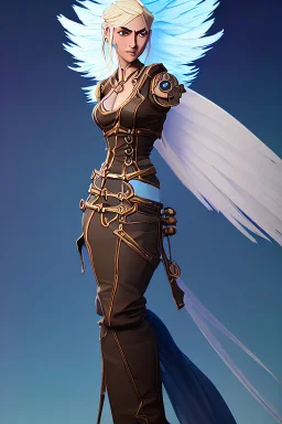 blue sky clouds, blonde steampunk angel in a flowing gown, majestic