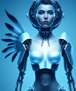 A beautiful portrait of a cute cyborg woman blue color scheme, high key lighting, volumetric light high details with white stripes and feathers and indian paterns and wimgs