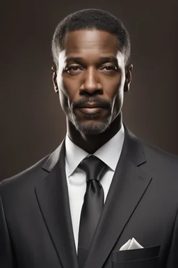 An extremely formal, funeral program on darkest brown deep pigmented shiny paper with brilliant, brightest silver fonts, for a strikingly handsome slightly tanned Biracial Black man of 58 years of age, with a slightly gray goatee dressed in a very dark conservative suit and tie, he looks like a businessman, the photograph has a dark brown background or dark brown drapery background, minimalistic, less element, very dramatic lighting,