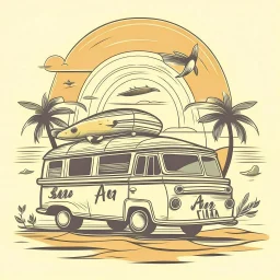 A retro camper van parked by the ocean, nostalgic, carefree, golden hour lighting, T-shirt design graphic, vector, contour, white background. WITH A FISH BEHIND IT AND WORDS\"Summer is a time to relax \"IN WHIT LET-TERS.THE BACK