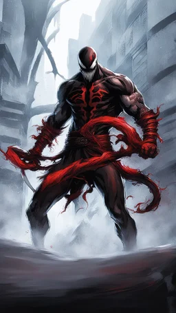 Venom symbiote with kratos Beard and red tattoos and Clothes, holding blade of choice