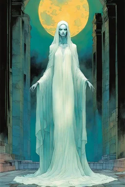 create an imaginative full body print illustration of the pale translucent ghost of an ancient female Oracle with finely detailed hair and feminine facial features, in the land of the dead , in the comic book art style of Bill Sienkiewicz, Mike Mignola, and Jean Giraud Moebius, finely textured, drawn, colored, and inked, suffused with dramatic natural light and shadow of a midnight crescent moon