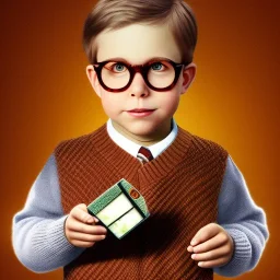 Peter Billingsley chubby kid Tortoise-shell glasses, Holding a ((Dark red barsoap)) in his hand, brown argyle sweater