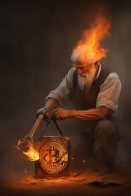 A Bitcoin logo is burned into the skin of a man by an old branding iron, the kind that was used for animals. It's dramatic and happended in the moment, close view. It is still hot and steam can be seen from the burn mark. Hyper realistic photorealistic painting, dramatic, ultra detailed, cinematic lighting,