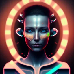 [s_1365660003]-[gs_30]-[is_15]-A beautiful portrait of a cute gelly cyberpunk woman happy, grain on the skin, tribal tatoos, orange color scheme, high key lighting, volumetric light high details with white stripe, blender 3D