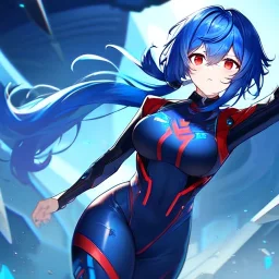 girl, masterpiece, best quality, volumetric lighting, dynamic pose, detailed outfit, perfect eyes, blue hair, red eyes, messy hair, long hair, body suit, low ponytail,