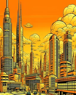 A tan city with tall buildings and a nuclear plant in pop art style