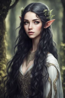 teenager beautiful elven girl, with long wavy black hair