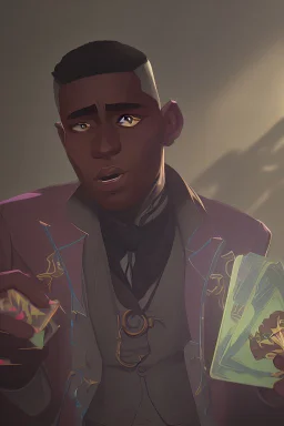 Dashing black man in a suit, holding a deck of cards. There's a young fey dragon with him.