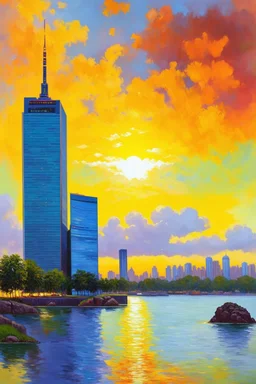 Amazing sunset, buildings, lake, rocks, distant city, trees, sci-fi, claude monet impressionism paintings