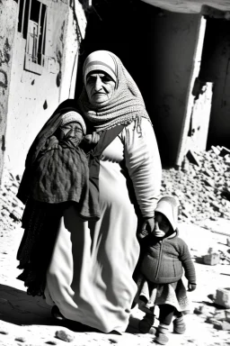 Palestinian old woman , Carrying a small girl ,at winter , Destroyed Buildings , with a Explosions, at night