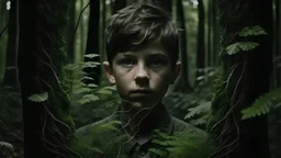 Cinematic Medium shot , oung boy standing in the forest holding plants, in the style of infused nature, video collages, made of veins, detailed face, dark green and white --style raw