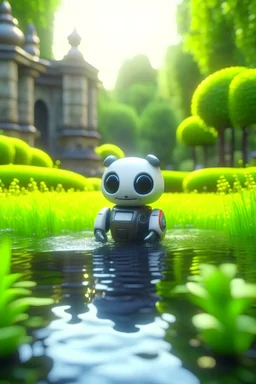 adorable cute chat priest robot with short punk hair and real human reflective eyes, fluffy floating in pond in garden of st. Barbara cathedral, its such a perfect day, motion blur, smoke, 8k, downlight, soft light, depth of field, photorealism, trending on art station, lotsa detail