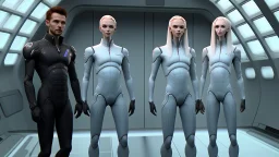 Photorealistic picture of a man in a flight suit with two tall, slender female androids in biosuits, one with red hair and one with white hair, standing on the bridge of a spaceship.