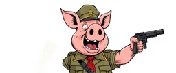 scared pig general pointing uzi gun up into the air, stupid cartoon, airbrush and pen outline