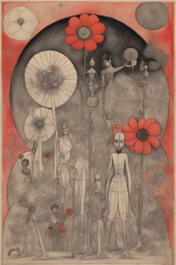 Schiță în creion de Jean Cocteau reprezentand o imagine pe tema oameni cu nume de flori , cu culori primare tari, fantezie de înaltă definiție calitate clară, stiluri de Utagawa Hiroshige, Paul Klee Dee Nickerson și Tim Burton, acuarelă topită și contururi de cerneală neagră pe hârtie umedă, linii moi, umbrite