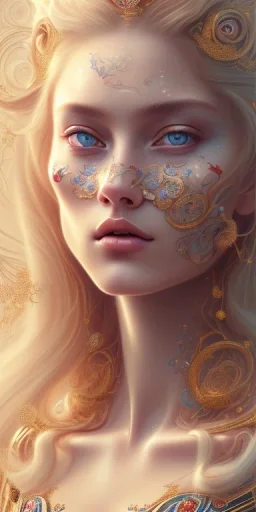 ultradetailed beautiful portrait painting of love Aphordite with long flowing blonde hair and sharp piercing gaze of blue eyes, alluring beauty, wearing jewels, roses, ultra ornate, gold leaf deatils, wearing white dress, by conrad roset, greg rutkowski and artgerm, trending on artstation