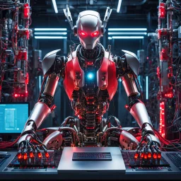 Create an image featuring a humanoid robot with mechanical parts and glowing red eyes sitting on top of computer servers, conveying a sense of advanced technology or potential consequences related to artificial intelligence or cybernetics