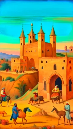 Hieronymus Bosch style , Morocco old Arabian castles with people and donkeys