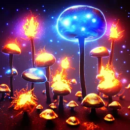 metal MUSHROOMs stars galazy SPACE lANDSCAPE BURNING IN BLUE FLAMES