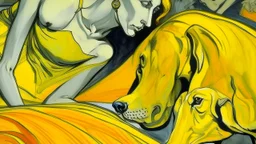 Close-up of a painting of a dog, lying in a void, figure drawing, yellow charcoal, color burn, by Ernő Grünbaum, stylized graphic novel, Cartier, centaur, in 1995, human woman, by Carlo Carrà, Kirchner