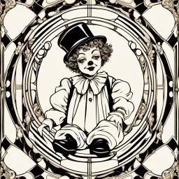 Storybook illustration of a Pierrot Clown, black and white, Beardsely style, art nouveau elements, vintage drawing, pierrot vintage, black and white marble floor