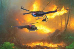 burning helicopter in jungle the jaguar is watching on fire