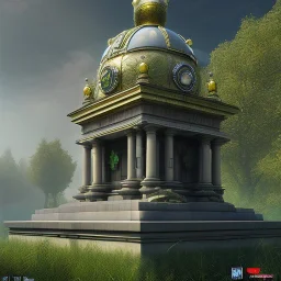 Monument, city centre, statue on top, overgrown, realistic, highly detailed