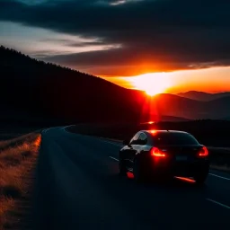 dark night, car taillights, driving towards a rising sun in the distance, mountains and forests next to the road
