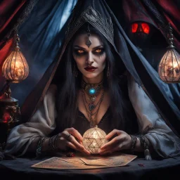 Hyper Realistic photographic-view of Wicked-&-Beautiful-Fortune-teller-with-glowing-red-eyes wearing black-beed-necklace-&-bracelet angrily Looking at her crystal-ball glowing magically & sitting in her tent with a horrifying-black-cat at dark-night decorated with fancy-traditional-feathers-&-tarot-cards showing dramatic & cinematic ambiance"