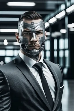 Bodyguard human with cyborg face in the business suit at the office