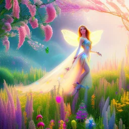 bright fairy, beautiful portrait, flowery landscape, cosmic atmosphere, perfect composition, 8k, super detailed, delicate flowers, complemfentary colours, intricate details