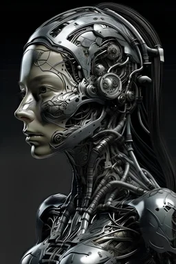 Cyborg female evolving | flesh is growing absorbing the Metal | concrete floor | detailed | fine art | highly detailed | smooth | sharp focus | ultra realistic | full body portrait view, Mysterious, white metal