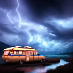 An old caravan at the bottom of an streaming river, lots of clouds within neon lights, thunder