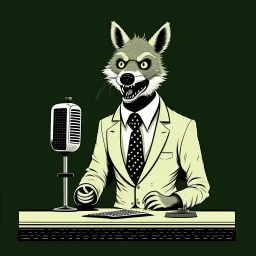 Hyena in a suit and tie, as an announcer sitting at the transmission table with a microphone presenting a newscast. Sandro Botticelli style. Ultra quality