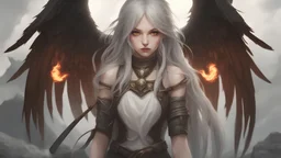Angel of destruction with two big black wings, girl, gray hair, sad look, ancient greec clothing, fire sword in hand