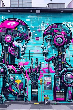 "Depict a Futuristic World Where Machines and Humans Coexist": This prompt encourages artists to imagine and depict a future world where machines and humans have found a way to coexist and collaborate. The goal is to create a visual representation of how technology and artificial intelligence can enhance and improve human life, rather than replace it. Artists can utilize the graffiti wall to showcase their vision of a future where technology and humans work together in harmony. They can play wit