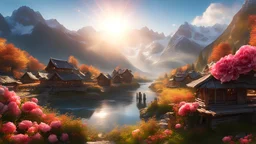 (autumn:1.3) ,sunrise,mountains and a wooden village on river, (Peony flowers on foreground), sunrays, lens flare, 4k highly detailed digital art, 8k hd wallpaper very detailed, impressive fantasy landscape, sci-fi fantasy desktop wallpaper, 4k detailed digital art, sci-fi fantasy wallpaper, epic dreamlike fantasy landscape, 4k hd matte digital painting, 8k stunning artwork,Realistic, realism, hd, 35mm photograph, 8k, dusty atmospheric haze, (natural colors, correct white balance