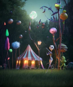 Tim burton photographer, Ultra realistic garden night scene, portrait, wide angle view :: carnival woman and sweet inflatable monsters, circus dress style, feather color, free jumping, soft color, highly detailed, unreal engine 5, ray tracing, RTX, lumen lighting, ultra detail, volumetric lighting, 3d, finely drawn, high definition.