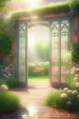 An open door to a beautiful summer garden, ,complex, amazing, magical gentle, sparkling dew drops, dawn, magically, in pastel transparent tones, hyperrealistic, beautiful, lumen, professional photo, 3d, 64k, high resolution, hyperdetalization, hyperrealism, f16,1/300s, highly detailed digital painting, bright, juicy, photorealistic painting, solar illumination in the background, bright lighting, aesthetically pleasing, beautiful, clarity of contours